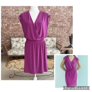 WHBM Dress Tie Shoulder Mini Purple Cap Sleeves Knit Smock Waist Party NWT M